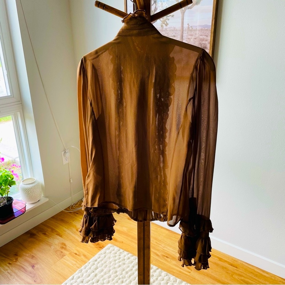 Maurizio Pecoraro Silk Sheer Blouse with Tie and Ruffled Front and Cuffs - Picture 3 of 8